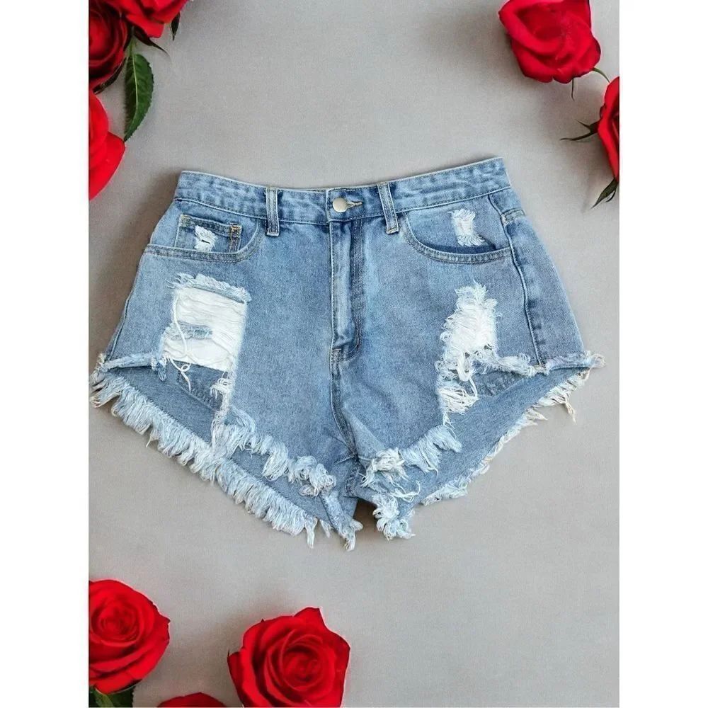 Womens Denim Cutoff Distressed Shorts High Rise Size 29